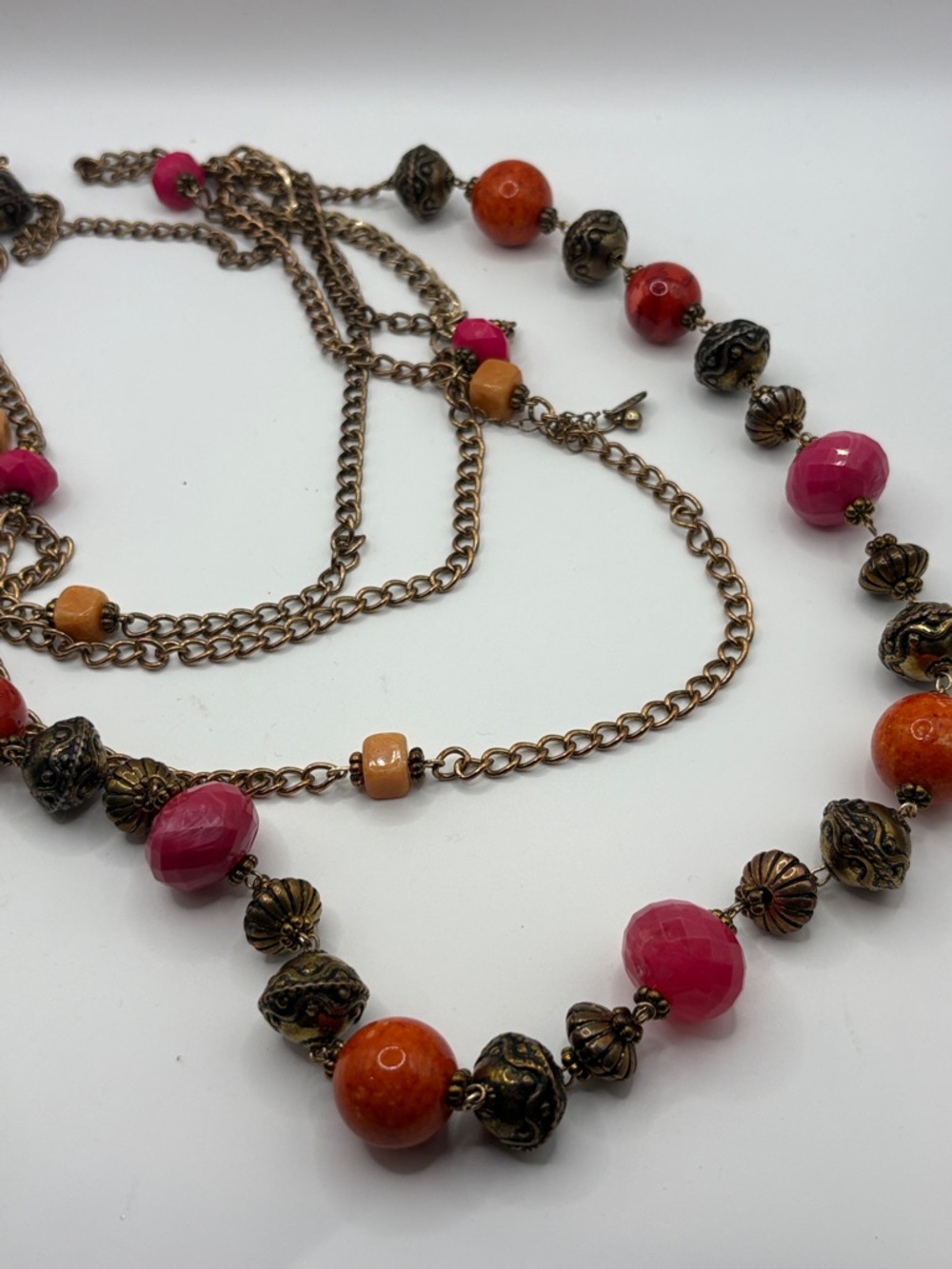 Erica Lyons Pink & Orange Beaded Long Necklace with Antiqued Metal Accents Multi